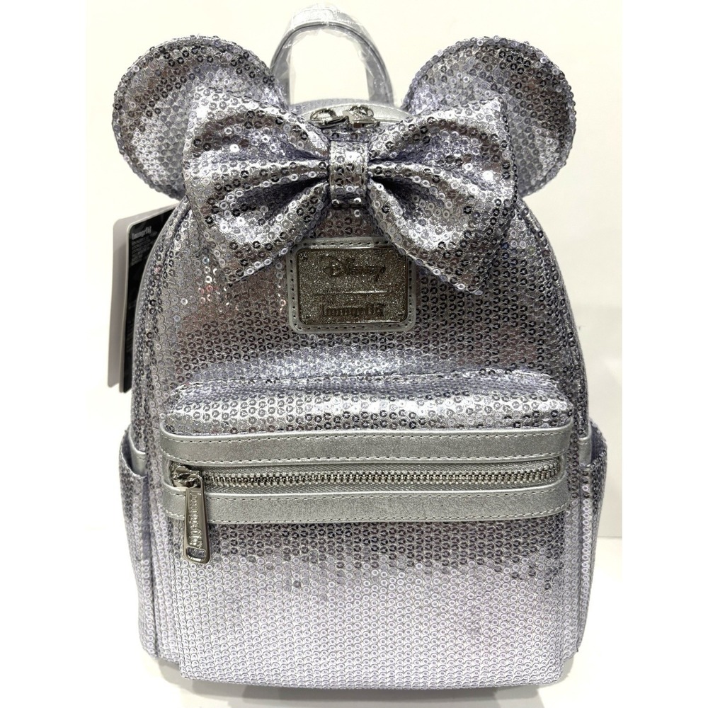 Loungefly Disney Minnie Mouse Silver Sequin Bow Ears Mini Backpack NWT